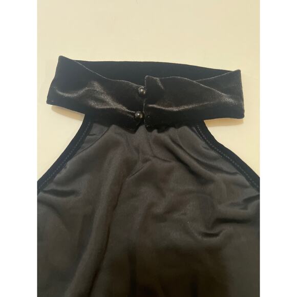 Black Contrast Mesh Velvet Sheer Halter Neck Open Back Flare Leg Jumpsuit Size L - Picture 13 of 13
